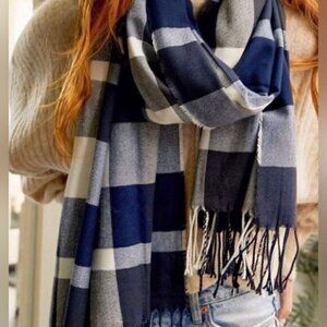Plush Blue and black Gray Plaid Scarf Cozy Warm Winter Shawl Oversize